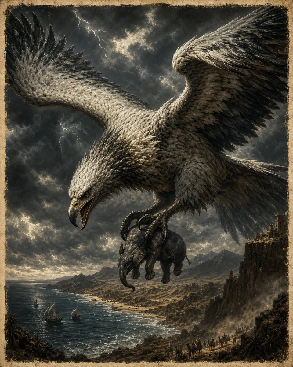 Illustration of Roc, a dragons & sea serpents figure from Indian Ocean Trade Routes, Persia / Arabia, showing A white or storm-gray bird with continent-wide wings, talons like ship anchors, and a shadow that darkens a valley.