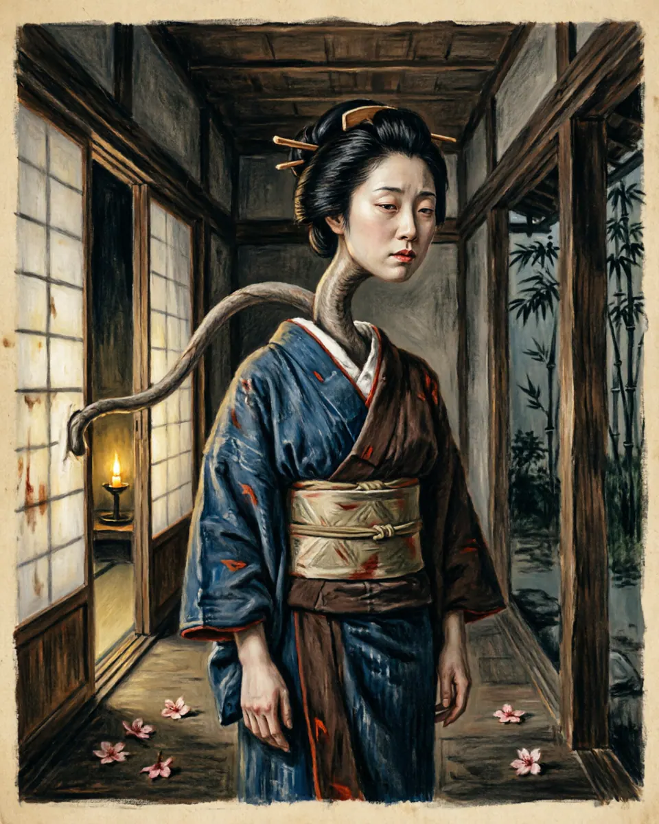 Illustration of Rokurokubi, a spirits, ghosts & demons figure from Japan Night Houses, Japan, showing By day an ordinary person; by night a head gliding on an impossible neck through rafters and screens.