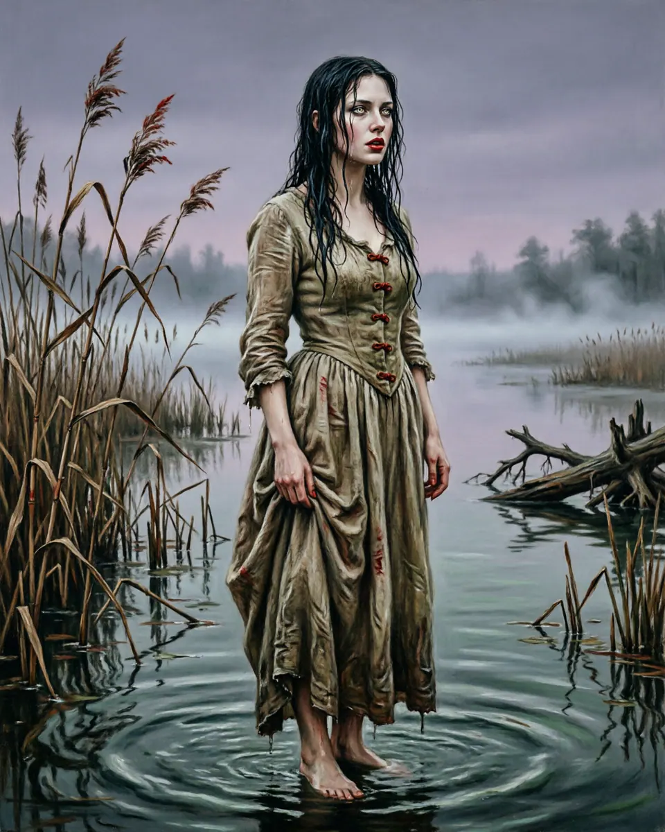 Illustration of Rusalka, a spirits, ghosts & demons figure from Slavic Lakes and Rivers, Russia / Ukraine, showing A pale young woman with wet hair, bright eyes, and a song that seems to come from the reeds.