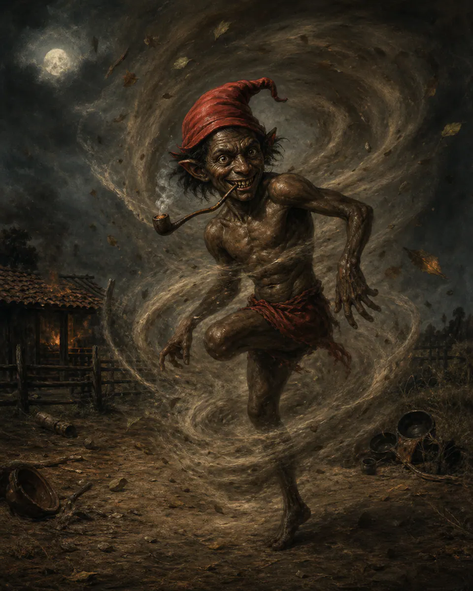 Illustration of Saci-Pererê, a fae & little folk figure from Brazilian Backroads, Brazil, showing A small one-legged figure in a red cap, appearing inside whirlwinds or near kitchens where things have mysteriously gone wrong.