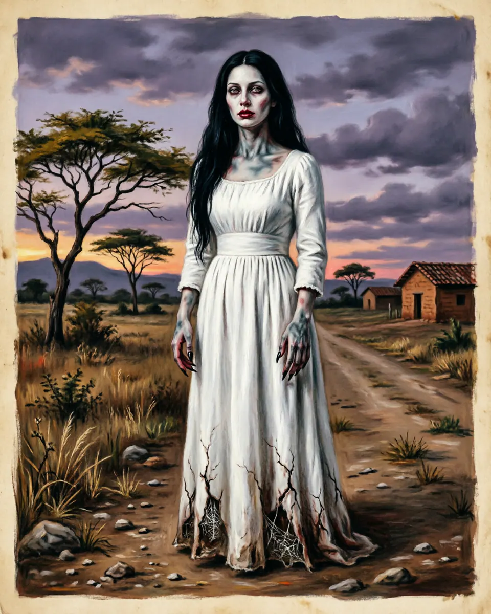 Illustration of La Sayona, a spirits, ghosts & demons figure from Venezuelan Country Roads, Venezuela, showing A tall beautiful woman in white who becomes corpse-like or monstrous when the guilty man draws near.