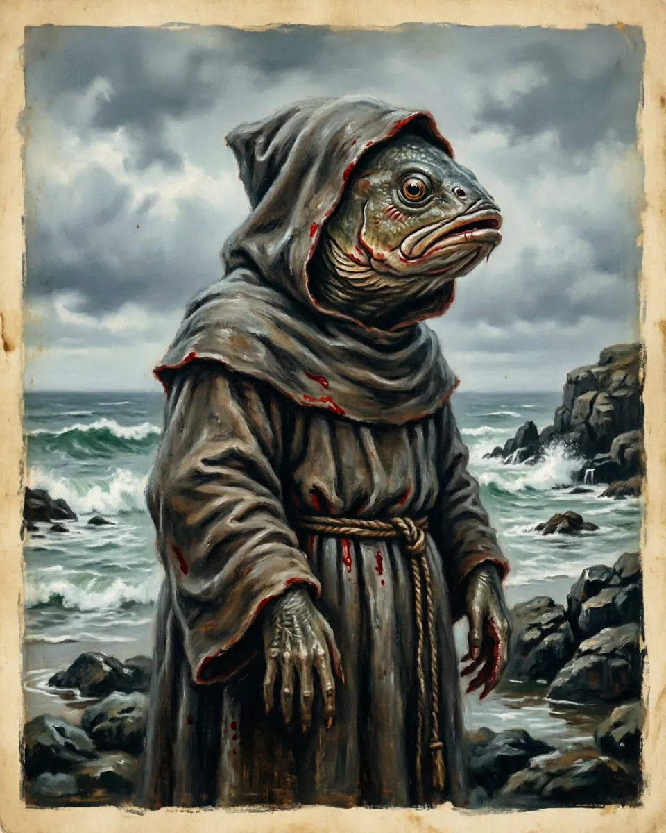 Illustration of Sea Monk, a lake & sea monsters figure from North Sea Curiosity Cabinets, Denmark / Norway, showing A fishlike being whose head and folds resemble a monk's hood and robes, hovering between animal and omen.