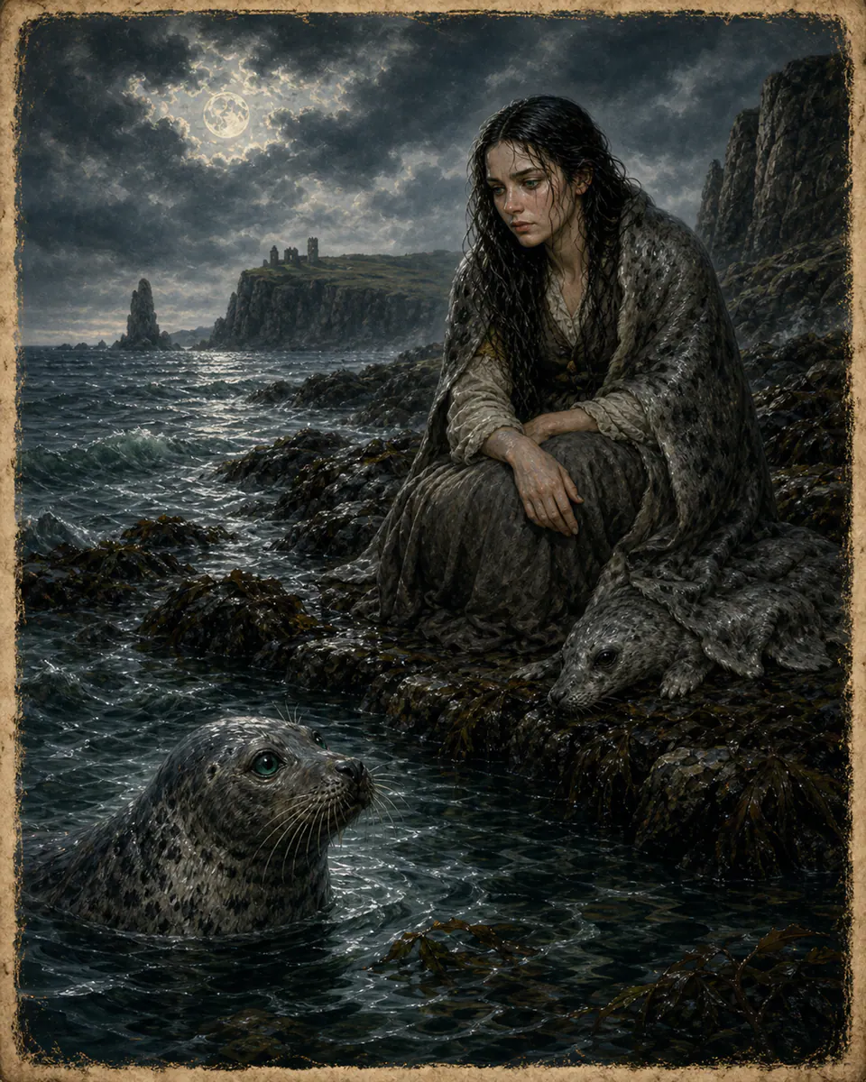 Illustration of Selkie, a shapeshifters & lycanthropes figure from Orkney & Shetland Isles, Ireland / Scotland, showing A majestic gray harbor seal in water.