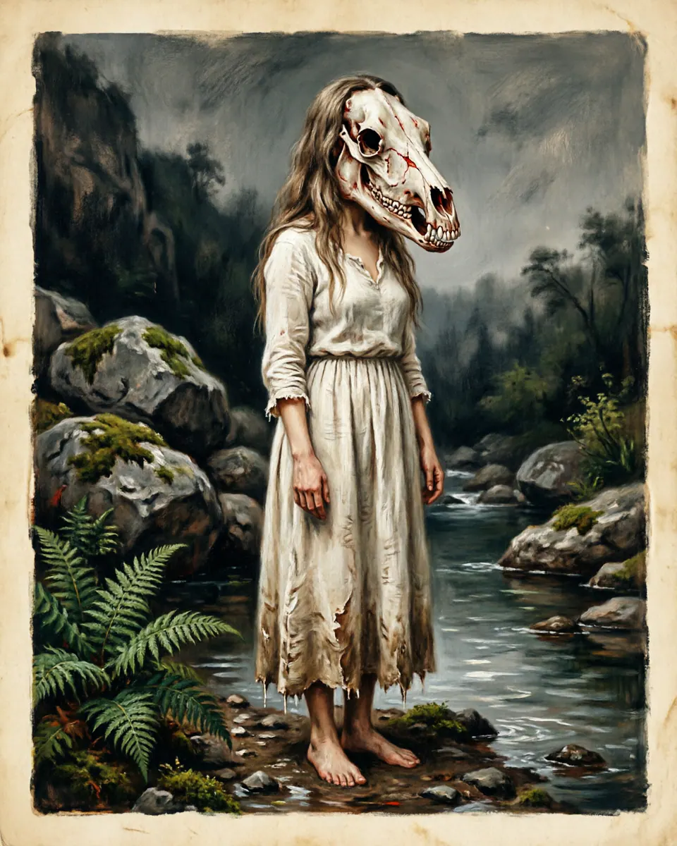 Illustration of La Siguanaba, a shapeshifters & lycanthropes figure from Rural Ravines, El Salvador, showing A long-haired woman in white near a water source, with a body that seems human until her face twists into an animal skull.
