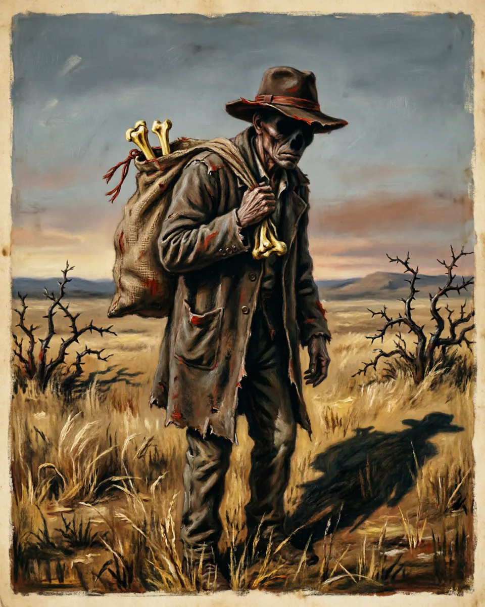 Illustration of El Silbón, a spirits, ghosts & demons figure from Llanos Plains, Venezuela / Colombia, showing A tall thin figure with a hat and a sack of bones, heard by a rising and falling whistle that confuses distance.