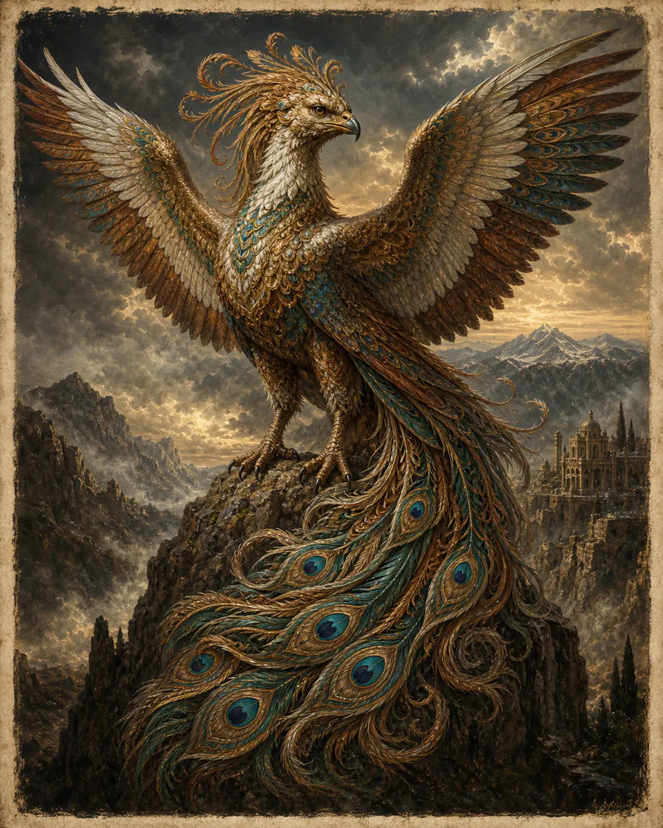 Illustration of Simurgh, a dragons & sea serpents figure from Persian Highlands, Iran, showing A colossal peacock-eagle with canine or leonine hints, copper feathers, and a face old enough to remember creation.
