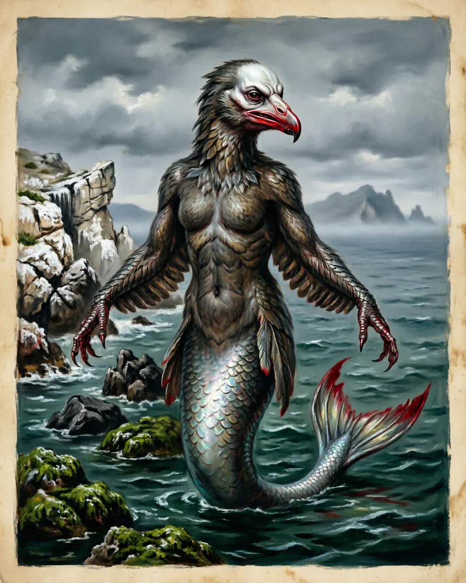 Illustration of Siren, a lake & sea monsters figure from Aegean Sea Rocks, Greece, showing A bird-woman or later mermaid-like figure perched near reefs, with a song that feels like memory and command.