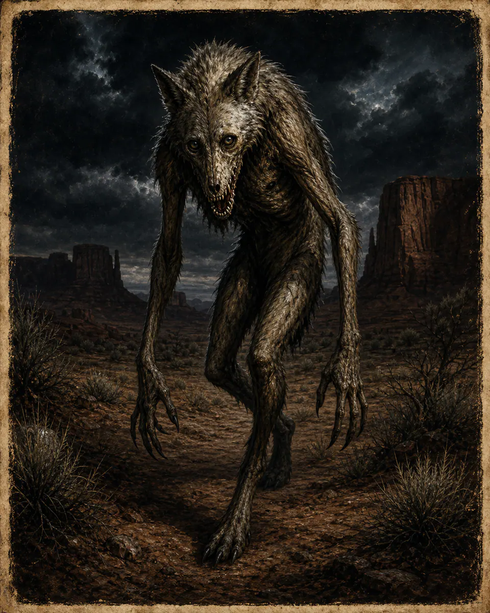 Illustration of Skinwalker (Yee Naaldlooshii), a shapeshifters & lycanthropes figure from Navajo Nation, SW USA, USA, showing A bizarrely distorted coyote, wolf, or bear that runs on its hind legs, with hollow human eyes and a jaw that doesn't fully articulate.
