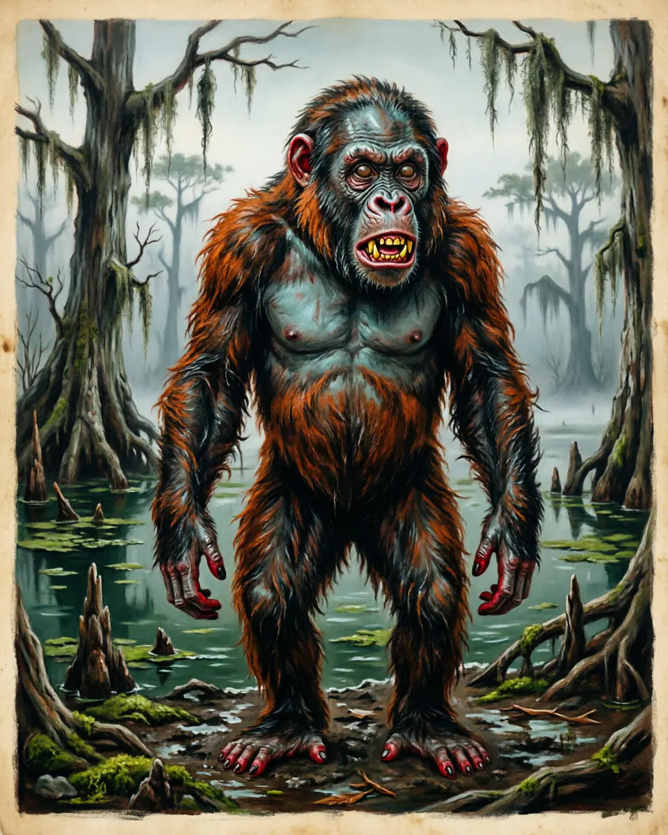 Illustration of Skunk Ape, a humanoid cryptids figure from Everglades Swamps, USA, showing A bipedal primate covered in matted, dark orange or black hair, with a horrific, sulfurous stench from living in stagnant cypress swamps.