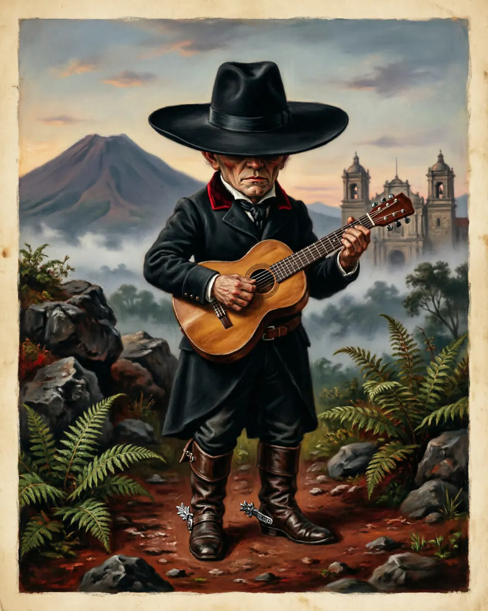 Illustration of El Sombrerón, a fae & little folk figure from Antigua Guatemala, Guatemala, showing A short elegant figure with a black outfit, silver spurs, tiny guitar, and a hat so wide it hides his eyes.
