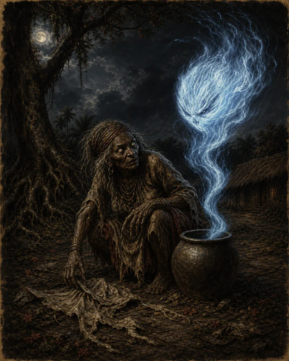 Illustration of Soucouyant, a vampires & blood-drinkers figure from Caribbean Coast, Trinidad and Tobago, showing By day, an old wrinkled crone.
