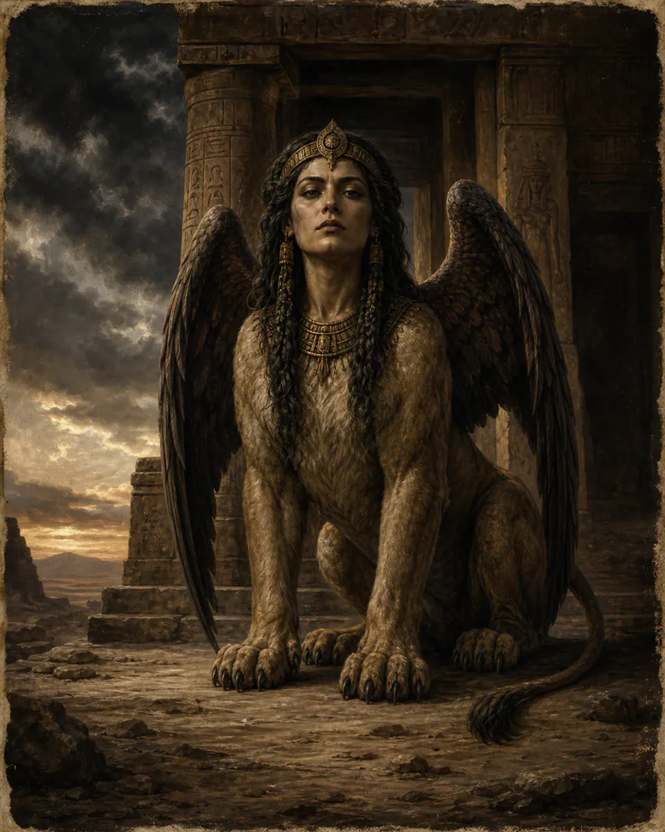 Illustration of Sphinx, a spirits, ghosts & demons figure from Egyptian and Greek Thresholds, Egypt / Greece, showing A lion-bodied human-headed guardian, sometimes winged, with a stillness that makes questions feel fatal.