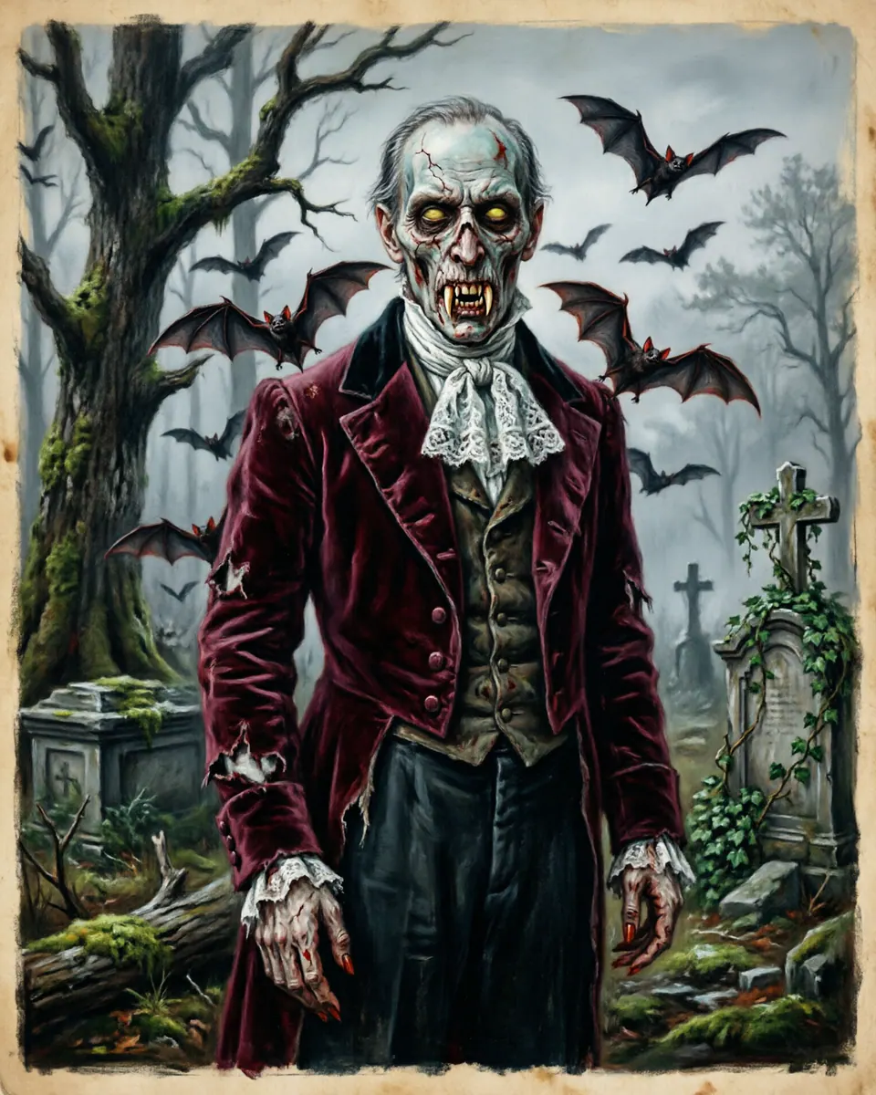 Illustration of Strigoi / Dracula, a vampires & blood-drinkers figure from Transylvanian Alps, Romania, showing A pale, gaunt aristocrat or rotting corpse with long pointed fangs, carrying the damp smell of graveyard soil, often materializing as a swarm of black bats.