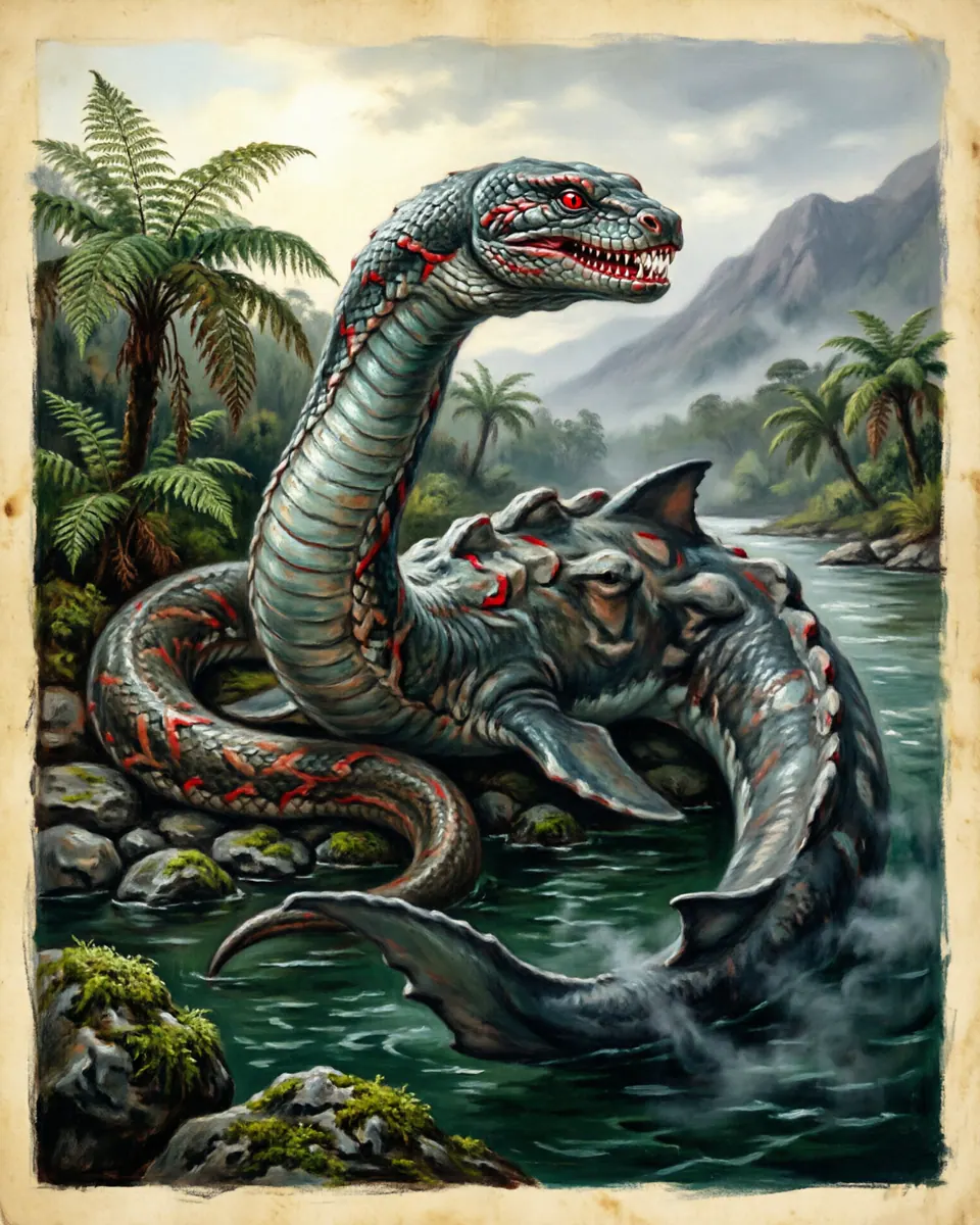 Illustration of Taniwha, a lake & sea monsters figure from New Zealand Rivers and Harbors, New Zealand, showing A serpent, shark, lizard, or whale-like being whose form changes with river, harbor, cave, and iwi tradition.