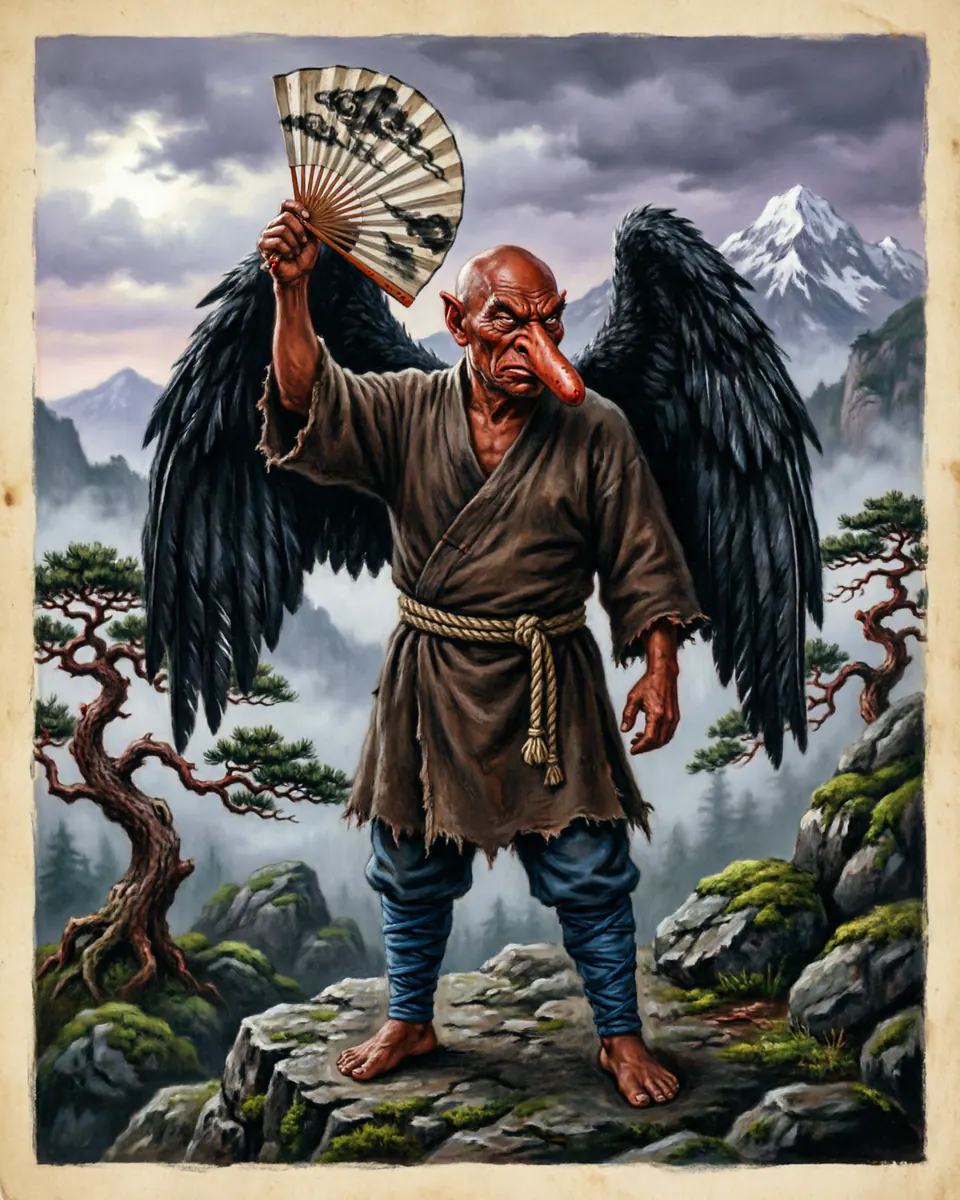Illustration of Tengu, a fae & little folk figure from Japan Sacred Mountains, Japan, showing A red-faced mountain ascetic with wings, fan, beak or long nose, and the posture of an arrogant teacher.