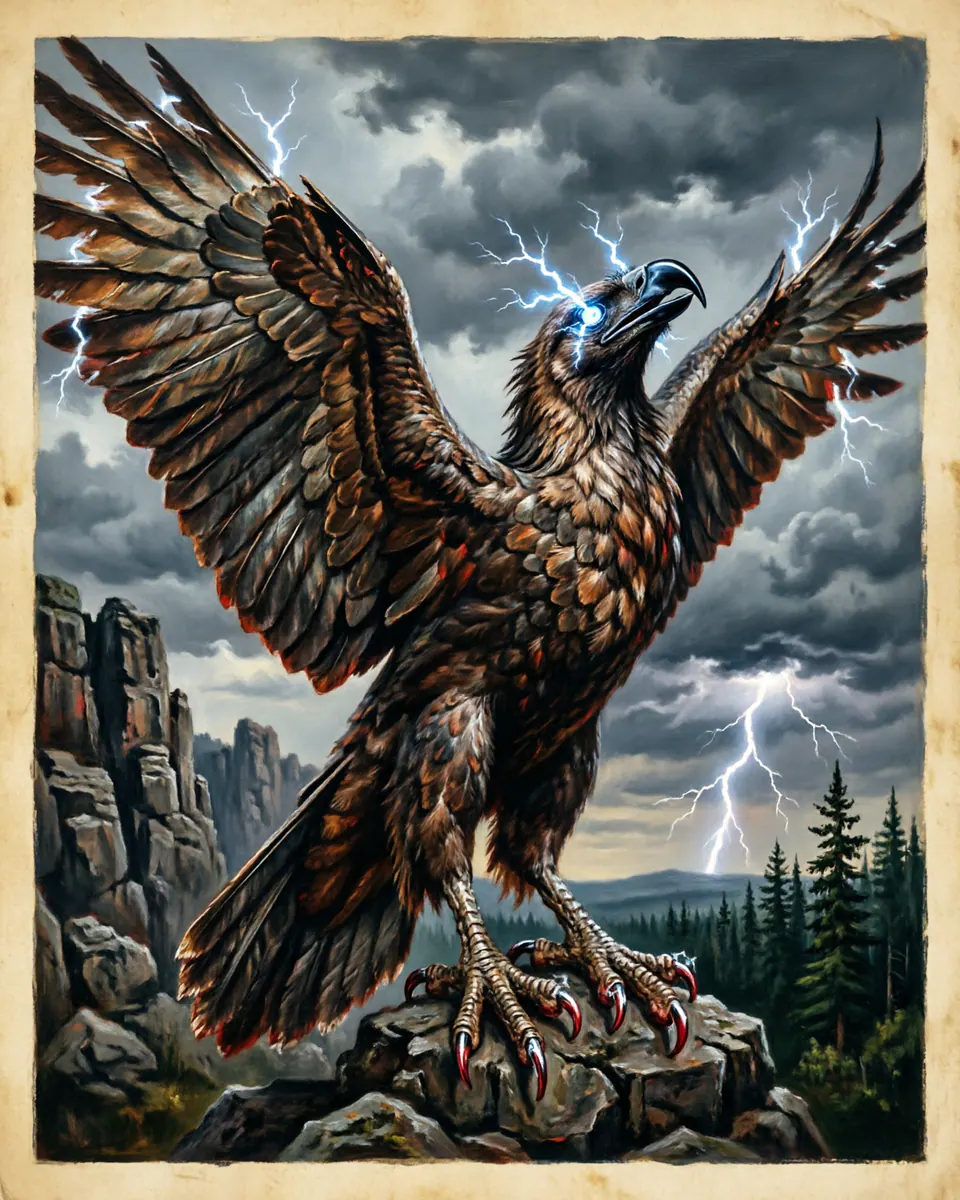 Illustration of Thunderbird, a dragons & sea serpents figure from North American Sky Lands, United States / Canada, showing A colossal bird whose wingbeats sound like thunder and whose eyes or talons flash lightning.