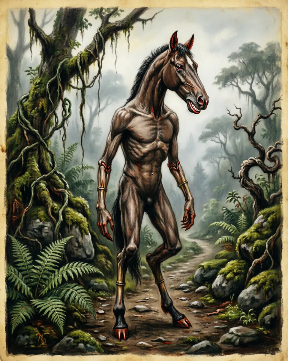 Illustration of Tikbalang, a shapeshifters & lycanthropes figure from Philippines Mountain Trails, Philippines, showing A tall, bony figure with a horse head, long limbs, reversed proportions, and a grin made for confusing roads.