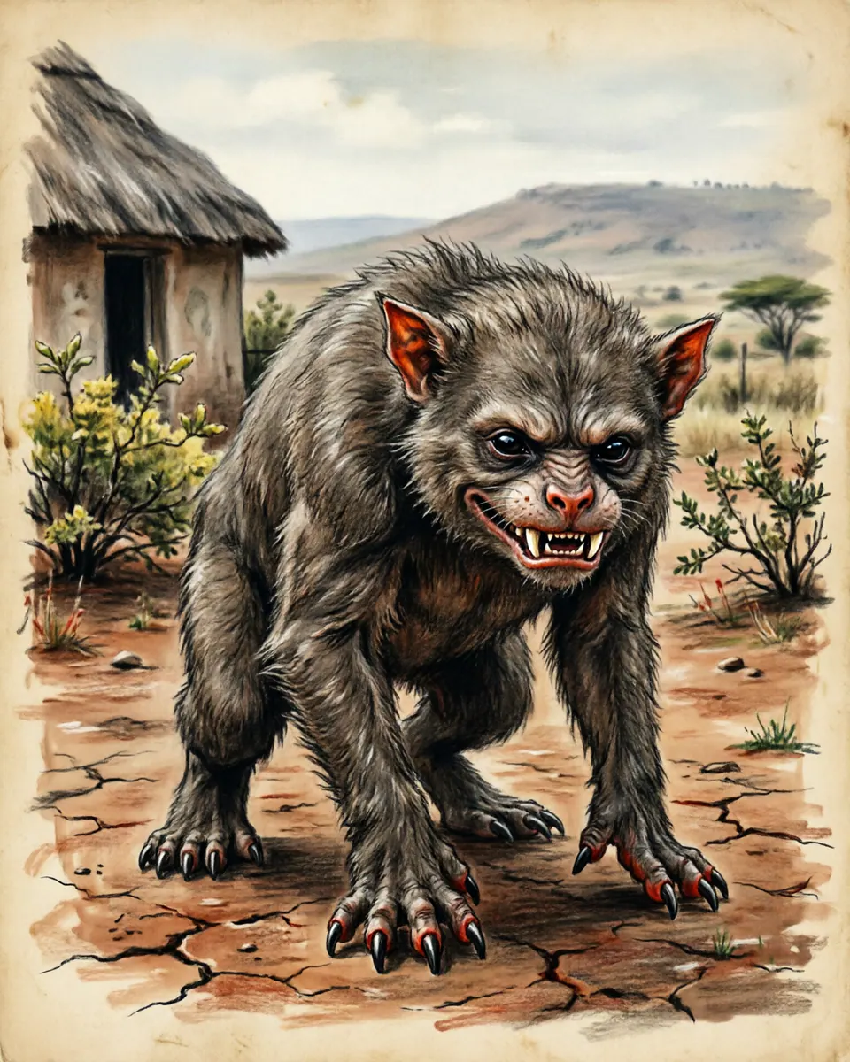 Illustration of Tokoloshe, a fae & little folk figure from South Africa Homesteads, South Africa, showing A squat hairy figure with sharp teeth, low posture, and a body that seems made for slipping under beds and doors.