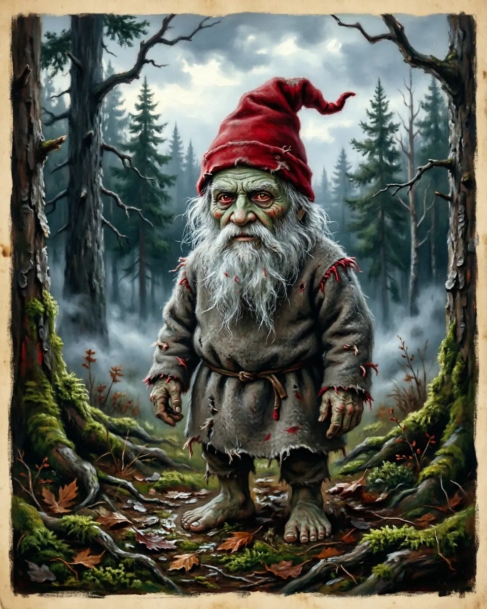 Illustration of Tomte / Nisse, a fae & little folk figure from Nordic Farmsteads, Sweden / Norway, showing An old man standing no taller than 3 feet, with a long white beard, wearing a gray home-spun woolen tunic and a red pointed cap.