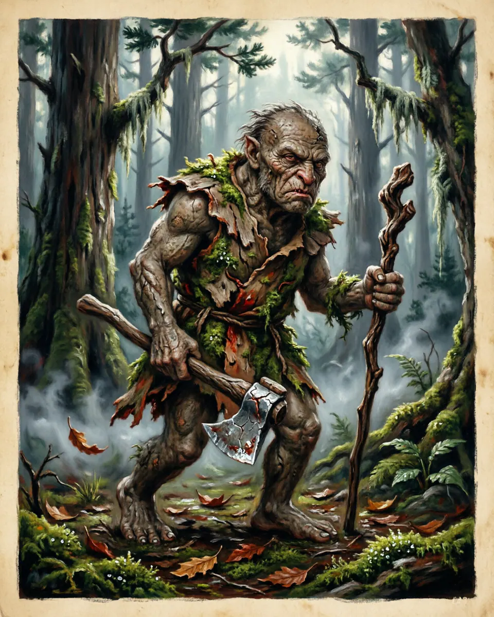 Illustration of Trauco, a fae & little folk figure from Chiloé Forests, Chile, showing A short, ugly man in bark-like clothing, carrying a stone axe or staff and moving with unnatural forest confidence.