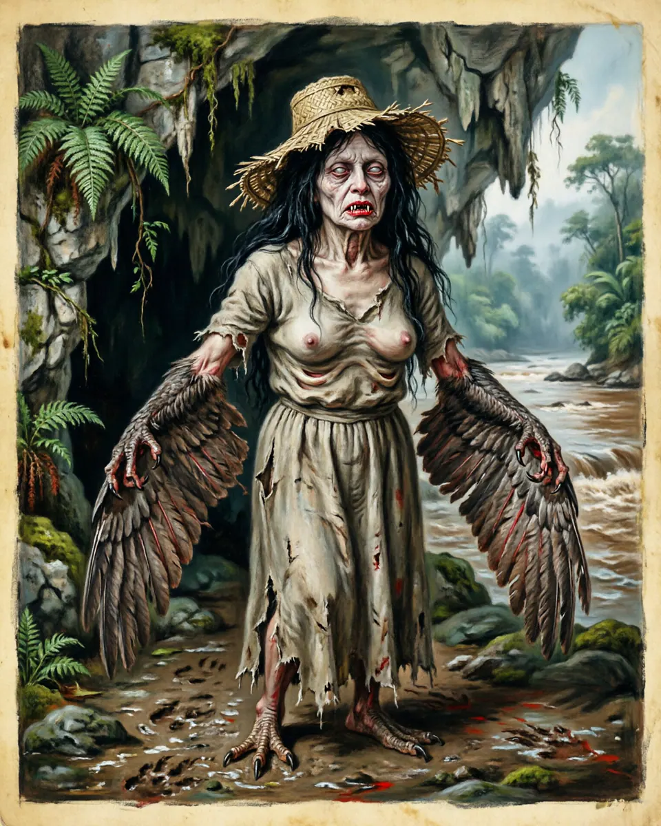 Illustration of La Tulevieja, a spirits, ghosts & demons figure from Talamanca River Caves, Costa Rica / Panama, showing A ragged woman with tangled hair, a drooping tule hat, deformed torso, and bird claws or wings that leave confusing tracks.