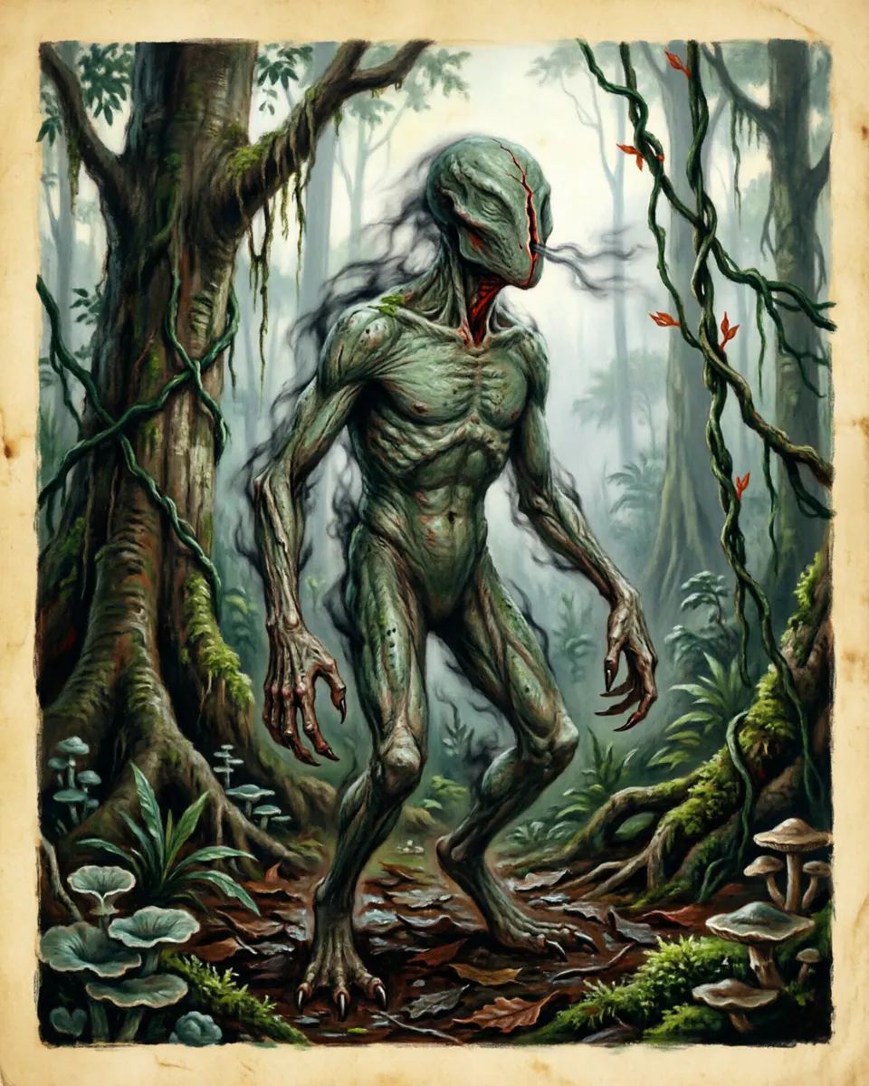 Illustration of El Tunche, a spirits, ghosts & demons figure from Peruvian Amazon, Peru, showing Often unseen, known by a thin whistle moving through dense forest, sometimes attached to a shadow or wandering soul.