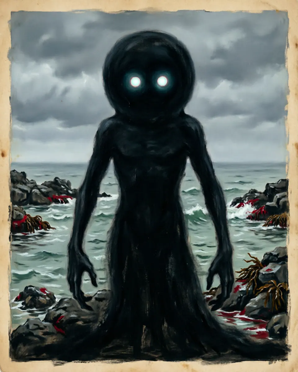 Illustration of Umibōzu, a lake & sea monsters figure from Pacific Coastal Waters, Japan, showing A gargantuan, shadow-black silhouette with a smooth orb-like bald head, long snake-like arms, and twin circular eyes glowing like phantom lanterns.