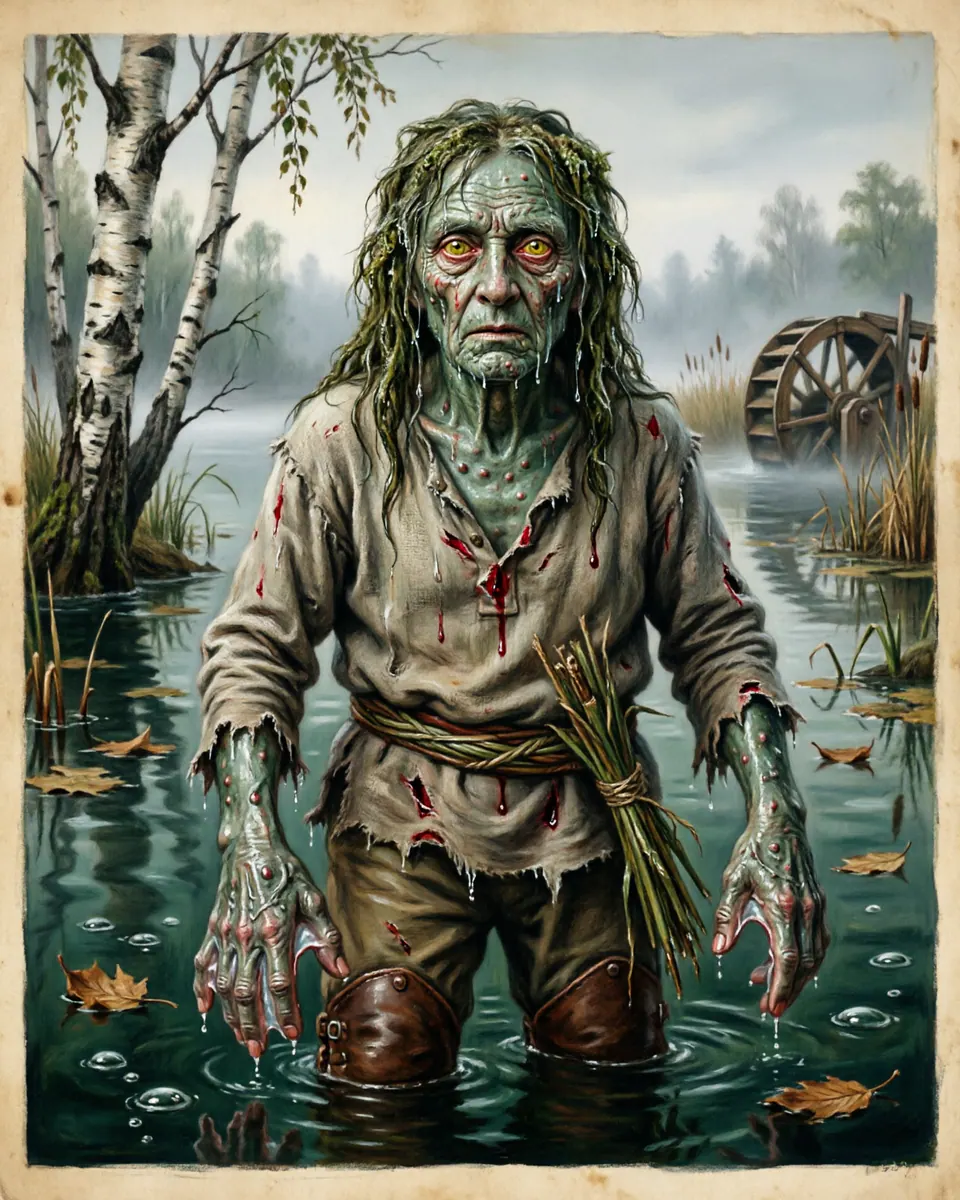 Illustration of Vodyanoy, a lake & sea monsters figure from Russia River Mills, Russia, showing A damp old man with frog skin, weed hair, webbed hands, and a stare from under the river surface.