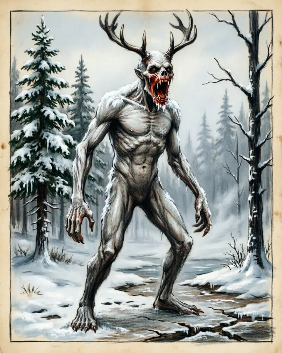 Illustration of Wendigo, a humanoid cryptids figure from Great Lakes Winter Forests, Canada / United States, showing A gaunt towering figure of frost, stretched skin, antler-like shadows, and a mouth that never fills.