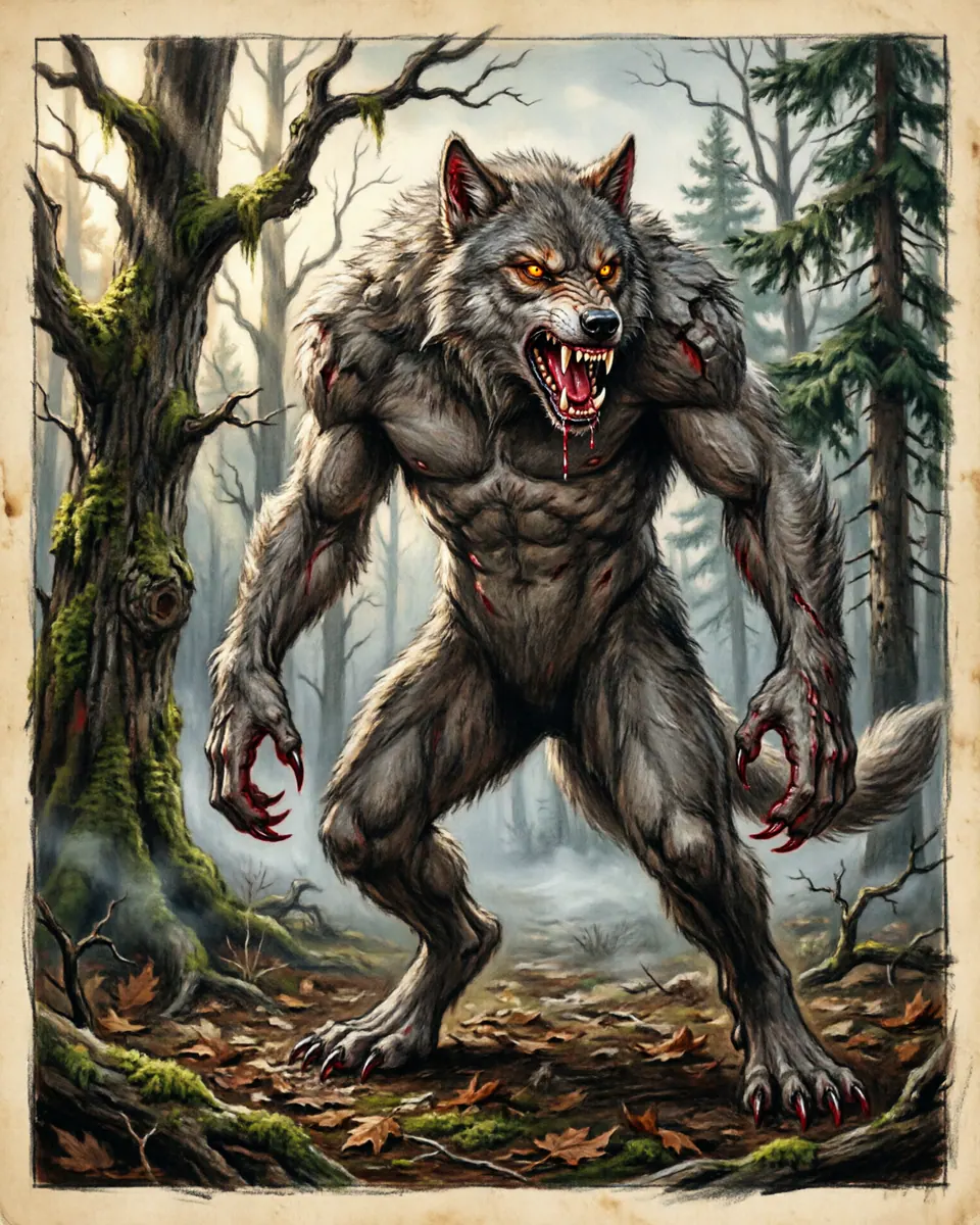 Illustration of Werewolf / Lycanthrope, a shapeshifters & lycanthropes figure from Continental Forests, Germany / France, showing A monstrous hybrid shape of a man and a gray forest wolf, standing with hyper-extended hind claws, glowing amber eyes, and bone-crushing jaws.