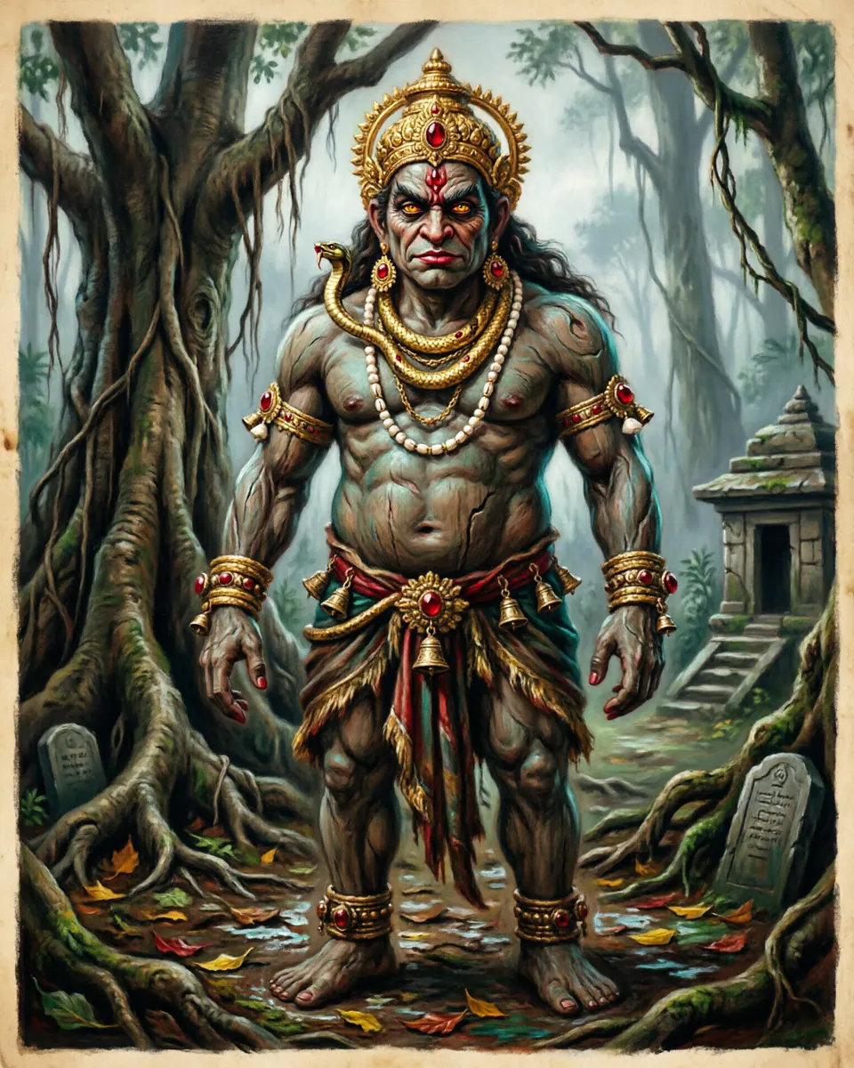 Illustration of Yaksha, a fae & little folk figure from India Sacred Groves, India, showing A luminous guardian with heavy jewelry, tree-root strength, and an expression between hospitality and warning.