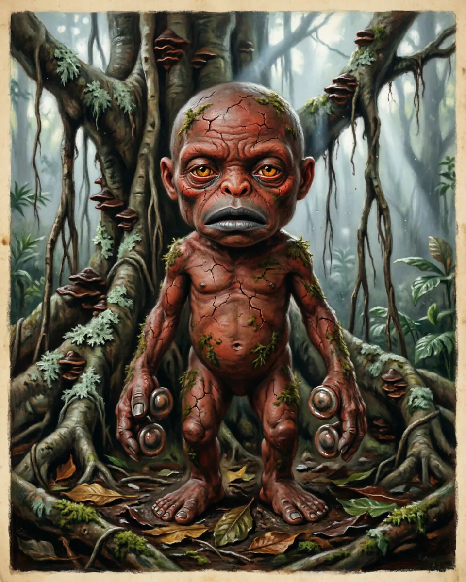 Illustration of Yara-ma-yha-who, a vampires & blood-drinkers figure from Australian Fig Trees, Australia, showing A short red humanoid with an oversized head, wide mouth, and suction cups on fingers and toes.