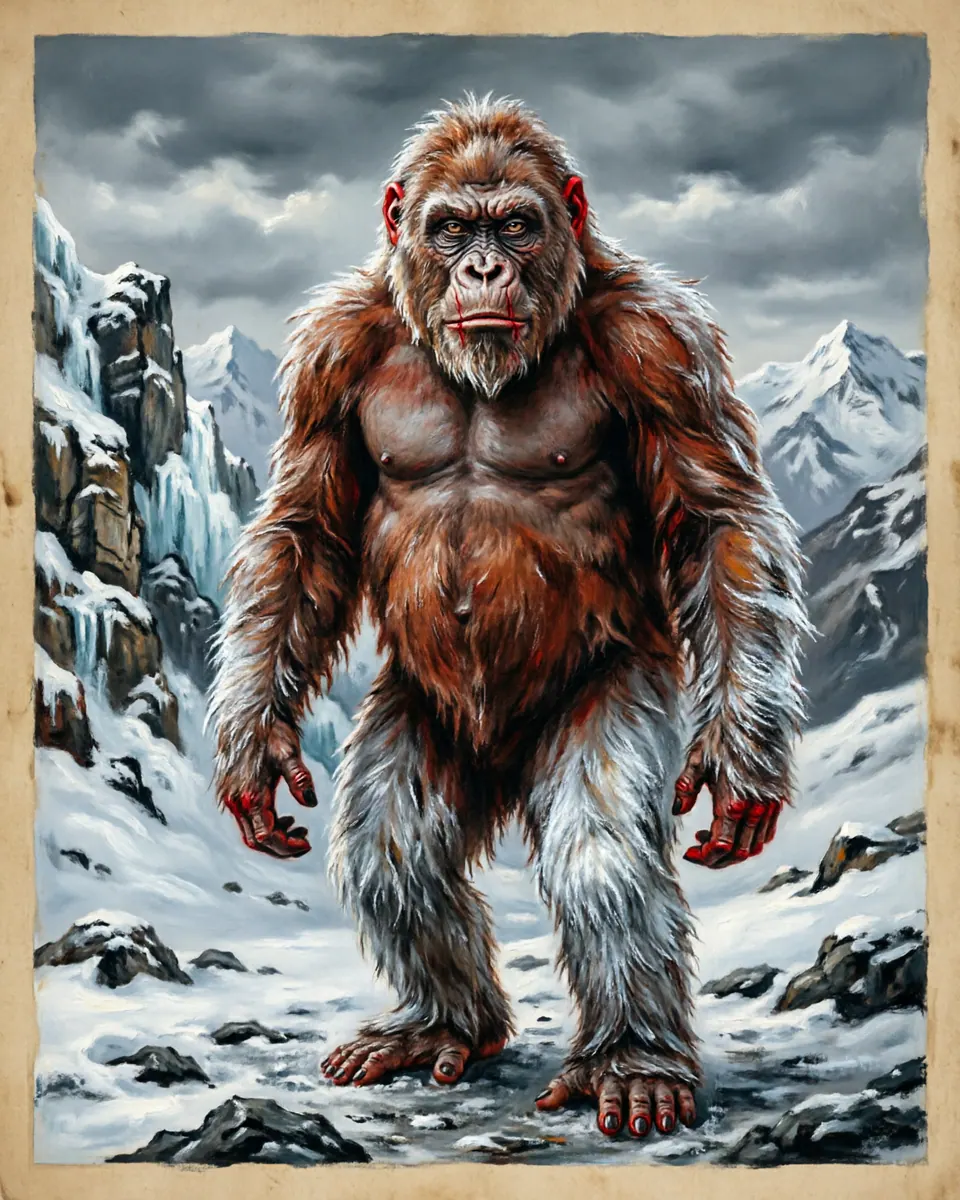 Illustration of Yeti (Abominable Snowman), a humanoid cryptids figure from Himalayas, Nepal / Tibet, showing A towering, bipedal ape-man covered in dense, shaggy reddish-brown or silver-white fur, with a conical skull and high-set predatory eyes.