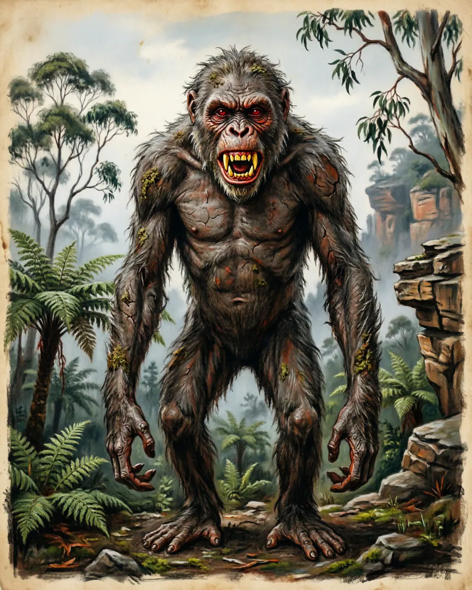 Illustration of Yowie, a humanoid cryptids figure from Blue Mountains, NSW, Australia, showing A lanky, tall ape-like figure with long arms that easily reach its shins, deep-set red-glowing pupils, and yellow fangs.
