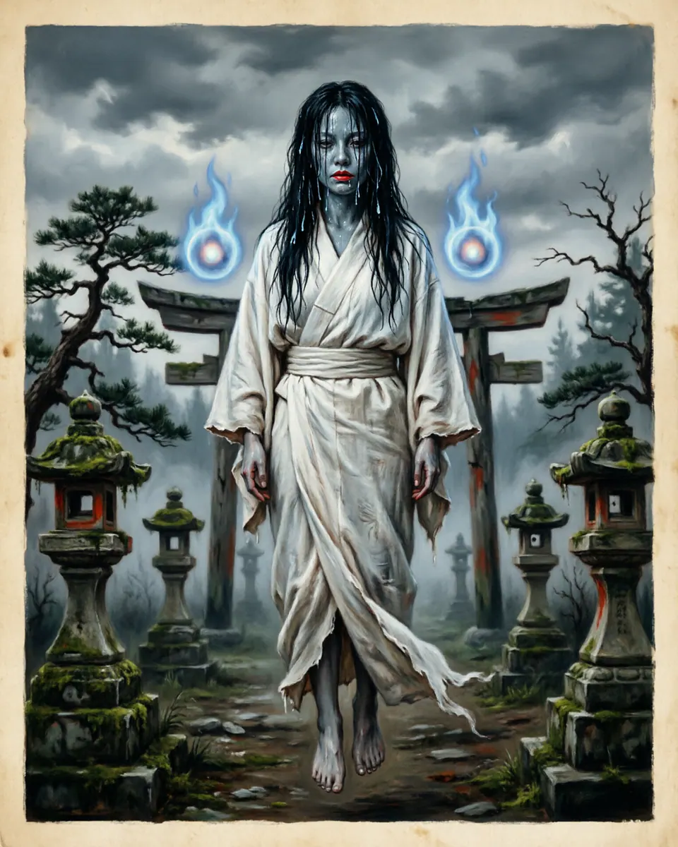 Illustration of Yūrei, a spirits, ghosts & demons figure from Kyoto / Tokyo, Japan, showing A floating woman with no feet, dressed in a loose white burial kimono (Katabira), her raw black hair falling over her blue-black face, trailed by two blue hitodama....